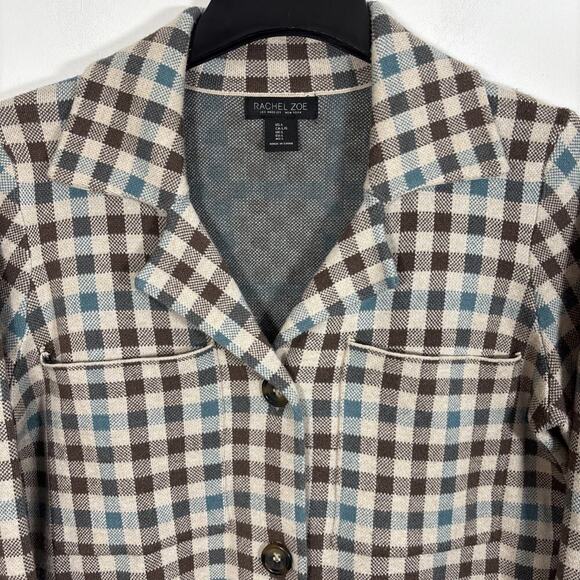 Rachel Zoe Button Up Cardigan Shacket Sweater Blazer Brown Plaid Large Fall - Picture 4 of 8